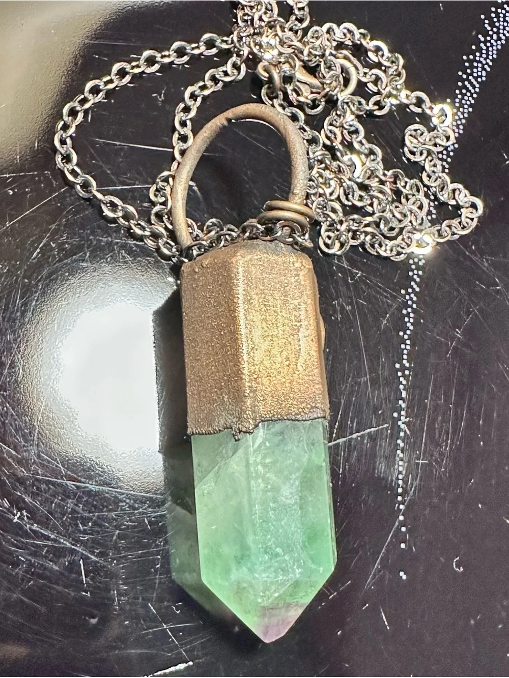 Enchanted by Cara Fluorite  Pendant with Crescent Moonstone Necklace 24” new